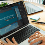 Manos en una computadora con la interfaz de Illustrator mientras se edita un logo.