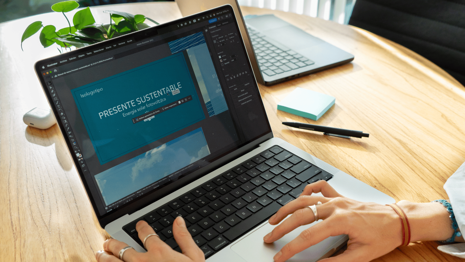 Manos en una computadora con la interfaz de Illustrator mientras se edita un logo.